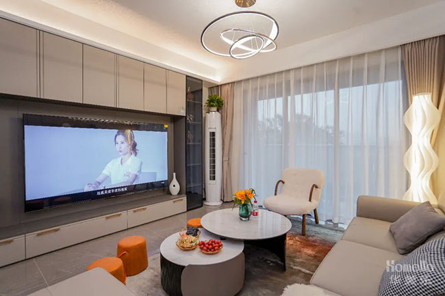 108㎡三居，設(shè)計橫廳實木一體柜，體驗簡約實用的奶油風(fēng)生活